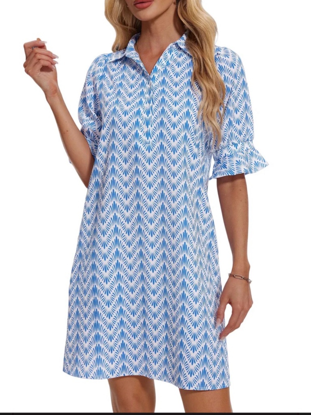 NWT Fensace Casual Shirt Dress,Small,Blue/White Chevron Pattern,Puffed Sleeve